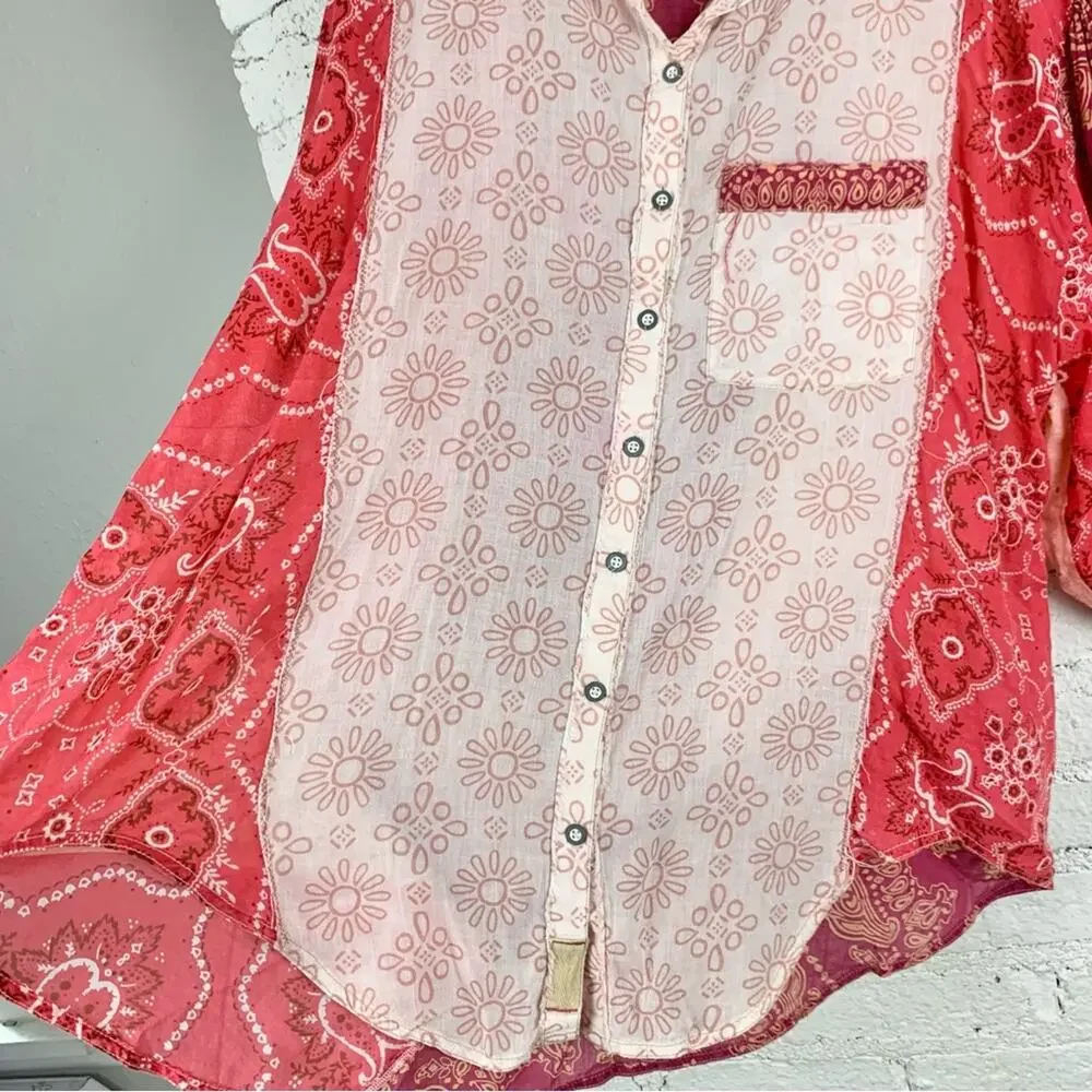 Free People Red and Cream Patchwork Bandana Button-Up Blouse